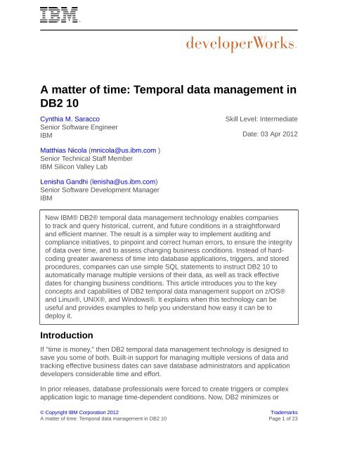 A matter of time: Temporal data management in DB2 10 - IBM