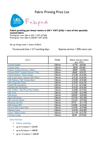 Fabric Printing Price List - University of East London