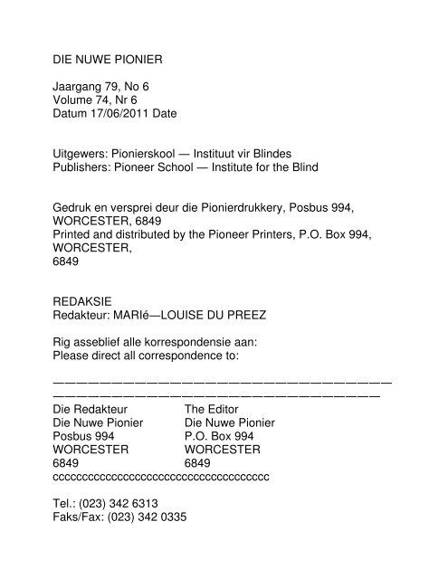 DIE NUWE PIONIER Jaargang 79, No 6 Volume ... - Pioneer Printers