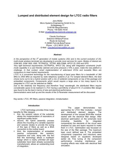 Lumped and distributed element design for LTCC radio filters