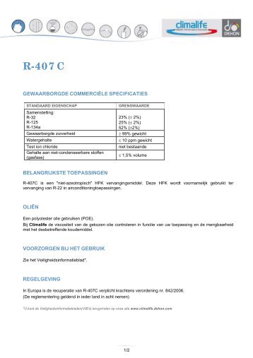 Technische fiche R-407C (.pdf - 91 Ko) - Climalife - Dehon