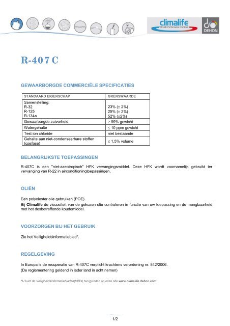 Technische fiche R-407C (.pdf - 91 Ko) - Climalife - Dehon