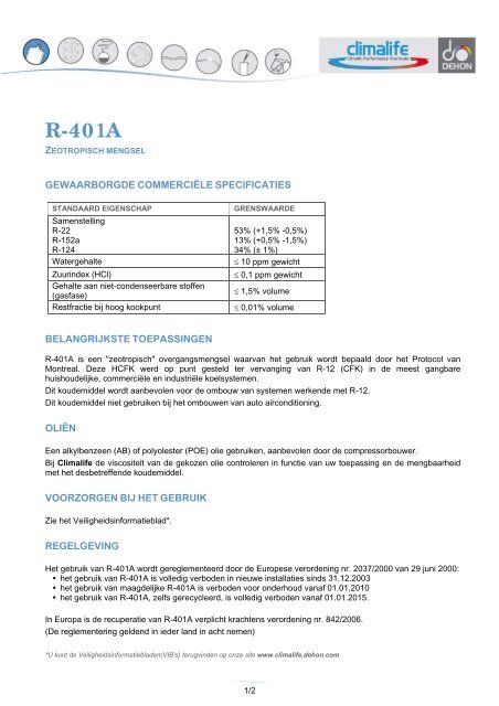 Technische fiche R-401A (.pdf - 101 Ko) - Climalife - Dehon