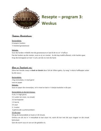 Resepte – program 3: Weskus - Pieter Cilliers Produksies