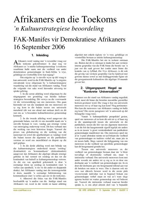 FAK-Manifes vir Demokratiese Afrikaners - Welkom by die FAK