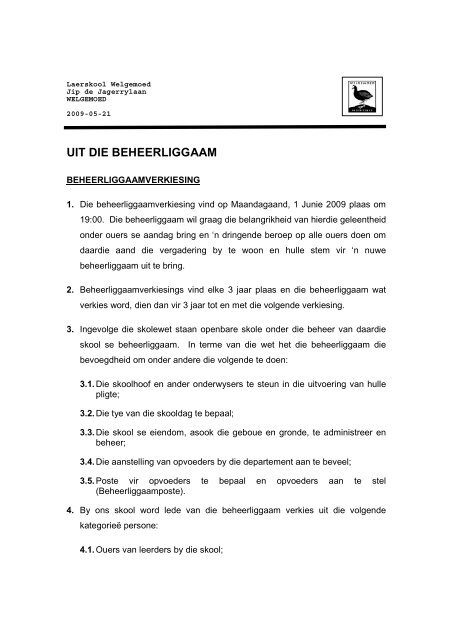 Laai brief van die Beheerliggaam hier af  Welgemoed Primary School