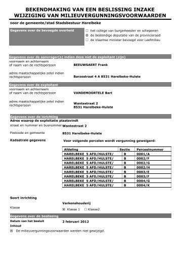 BEKENDMAKING VAN EEN BESLISSING INZAKE ... - Stad Harelbeke