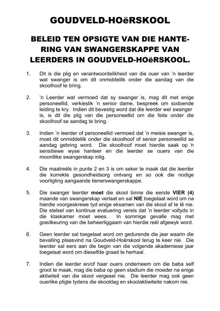 Beleid t.o.v. Swangerskap - Goudveld Hoërskool