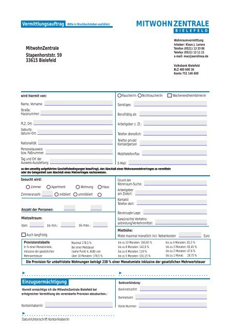 Vermittlungsauftrag Mitwohnzentrale Bielefeld