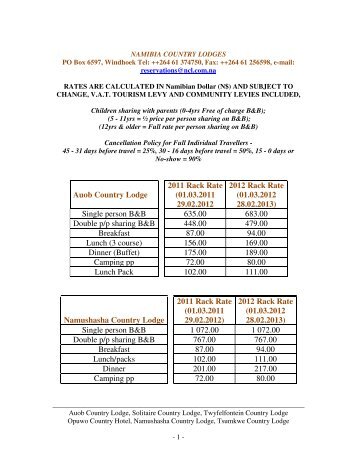 rates & terms - Namibia Country Lodges