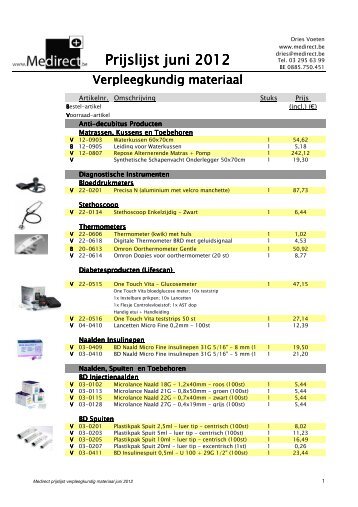 Prijzen Verpleegkundig materiaal juni 2012 - medirect.be