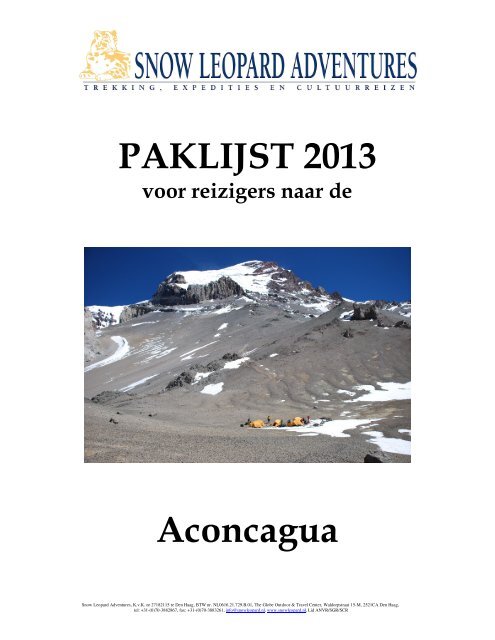 PAKLIJST 2013 Aconcagua - Snow Leopard Adventures