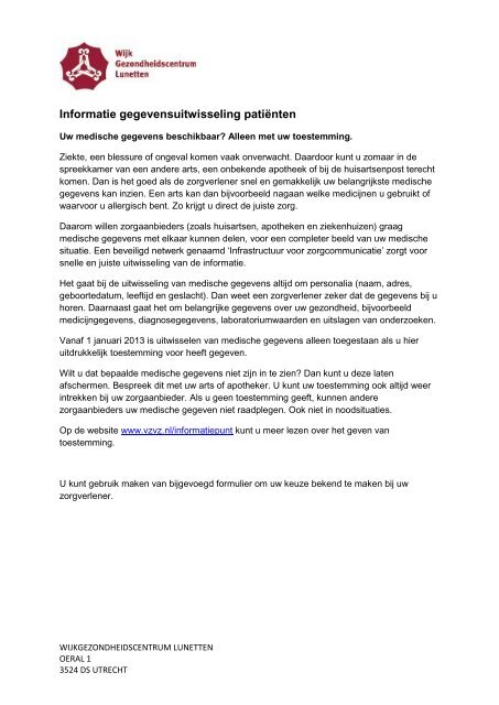 toestemmings formulier - Gezondheidscentrum Lunetten