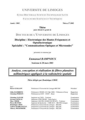 Analyse, conception et réalisation de filtres planaires millimétriques ...