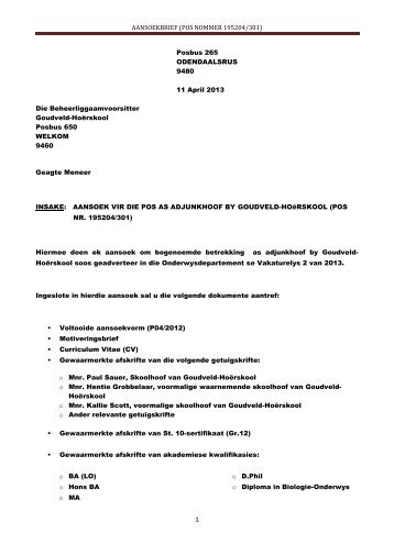 AANSOEKBRIEF (POS NOMMER 195204/301) - Goudveld Hoërskool