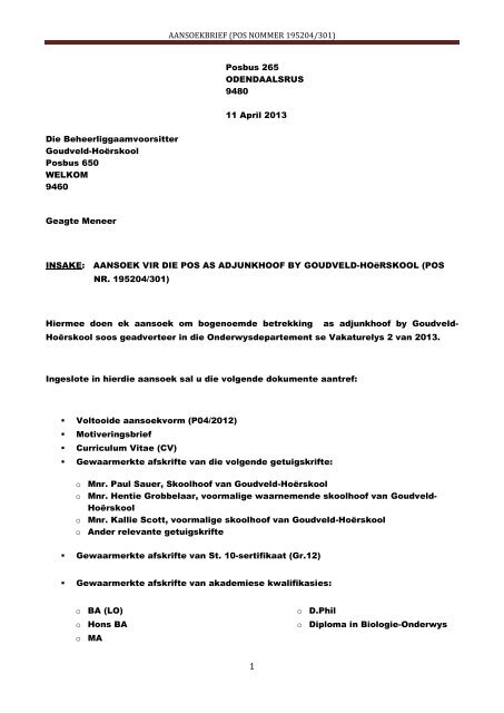 AANSOEKBRIEF (POS NOMMER 195204/301) - Goudveld Hoërskool