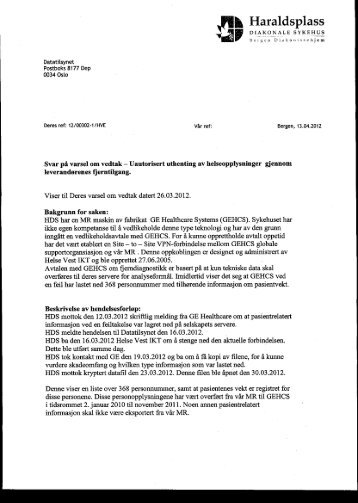Svar på varsel om vedtak - Uautorisert uthenting - Helse Vest