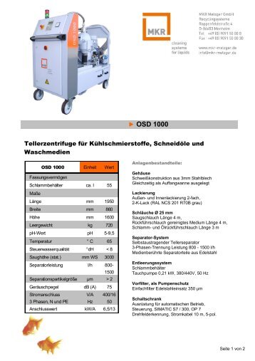 Datenblatt Zentrifuge OSD 1000 (140 kB) - MKR Metzger GmbH