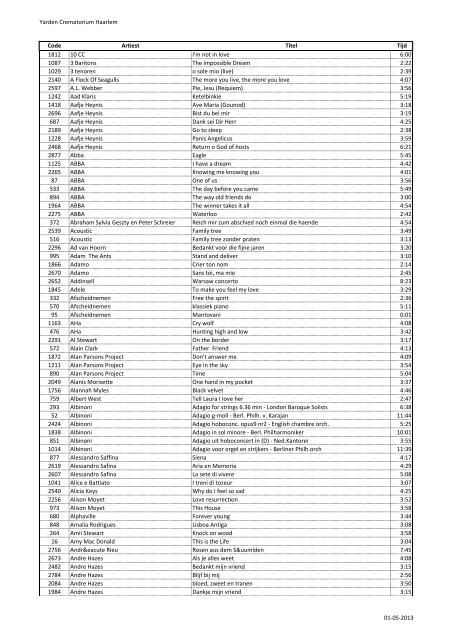 Yarden Crematorium Haarlem Code Artiest Titel Tijd 1812 10 CC I'm ...