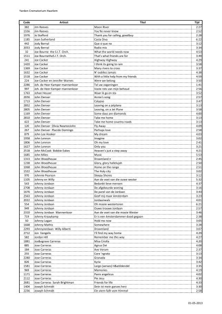 Yarden Crematorium Haarlem Code Artiest Titel Tijd 1812 10 CC I'm ...