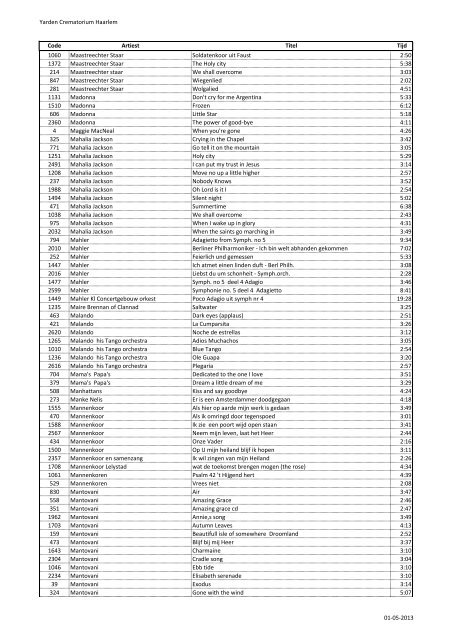 Yarden Crematorium Haarlem Code Artiest Titel Tijd 1812 10 CC I'm ...