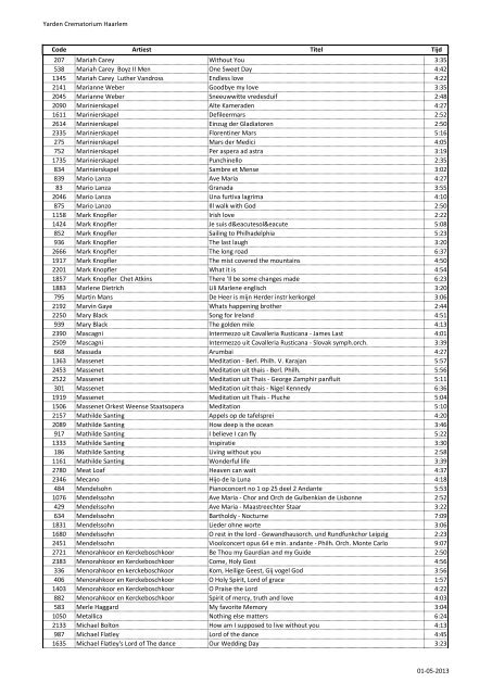 Yarden Crematorium Haarlem Code Artiest Titel Tijd 1812 10 CC I'm ...