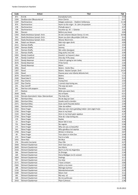 Yarden Crematorium Haarlem Code Artiest Titel Tijd 1812 10 CC I'm ...