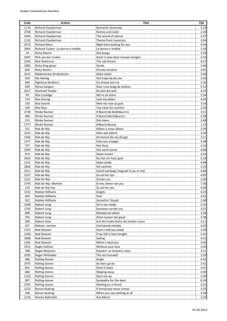 Yarden Crematorium Haarlem Code Artiest Titel Tijd 1812 10 CC I'm ...