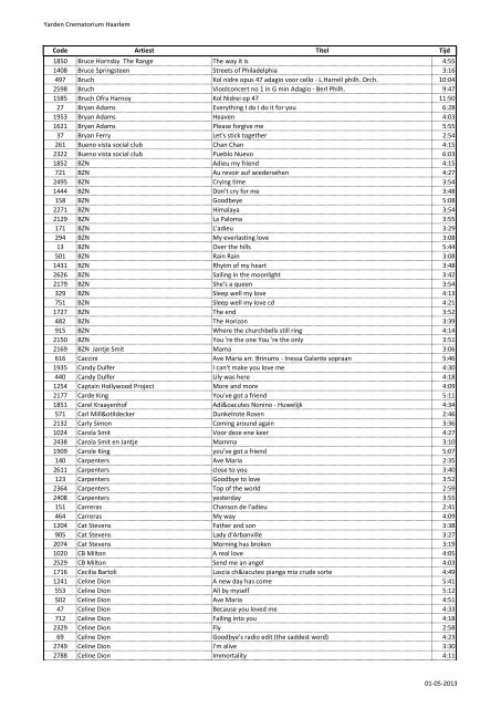 Yarden Crematorium Haarlem Code Artiest Titel Tijd 1812 10 CC I'm ...