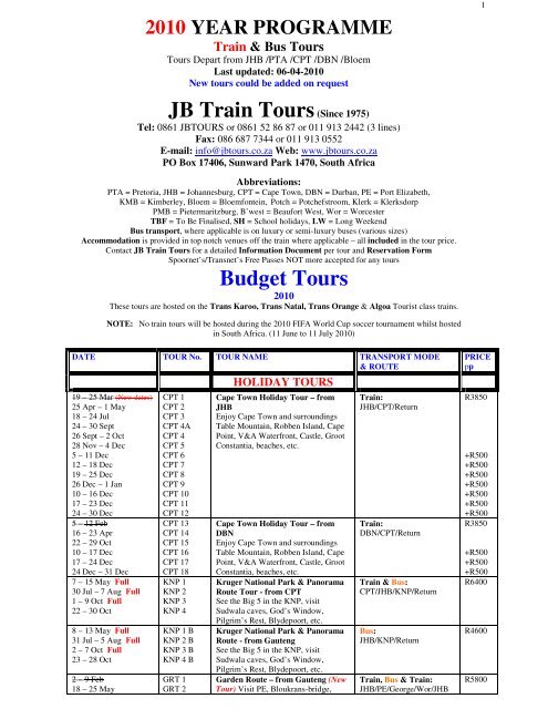 jb tours tours schedule