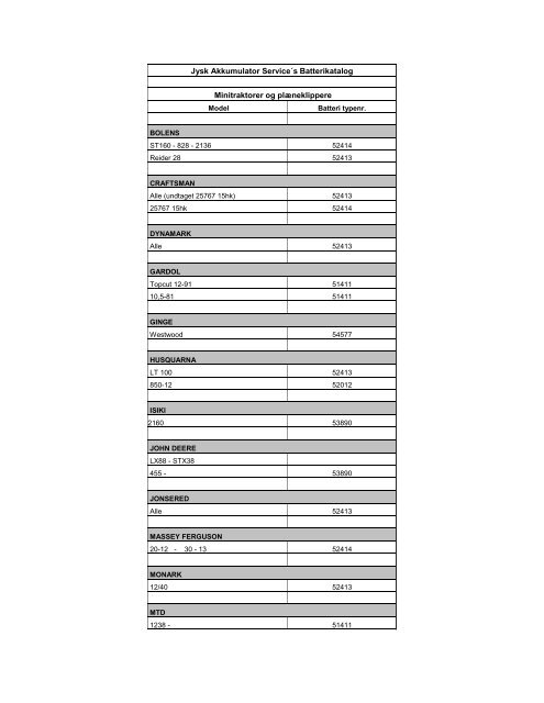 Jysk Akkumulator Service´s Batterikatalog Minitraktorer og ...