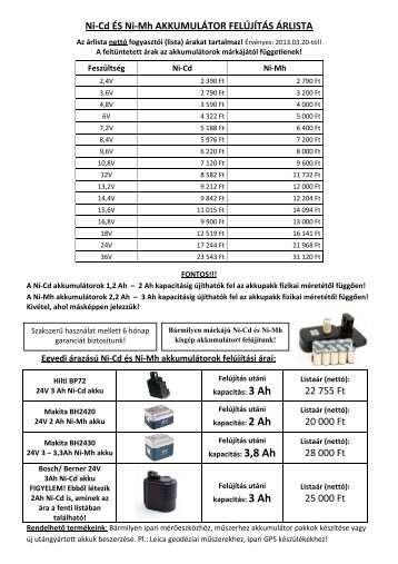 Ni-Cd ÉS Ni-Mh AKKUMULÁTOR FELÚJÍTÁS ÁRLISTA 22 755 Ft ...