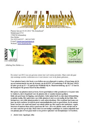 1 Planten lijst per 01-01-2012 “De Zonnehoed” Middelzand 2715 ...