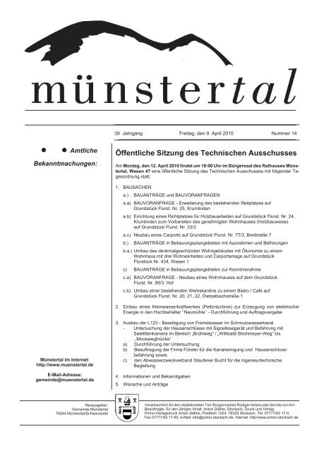 Öffentliche Sitzung des Technischen Ausschusses - Münstertal