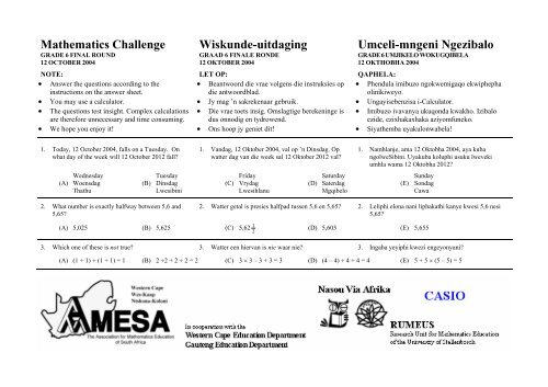 Mathematics Challenge, Grade 4 Final Round - AMESA