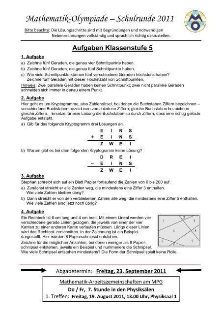 Aufgaben zur Schulrunde der Mathematik-Olympiade 2011