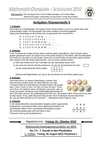 Aufgaben zur Schulrunde der Mathematik-Olympiade 2010