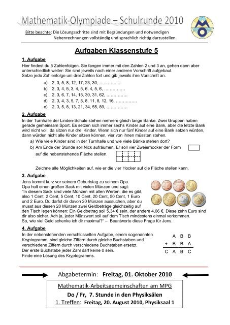 Aufgaben zur Schulrunde der Mathematik-Olympiade 2010