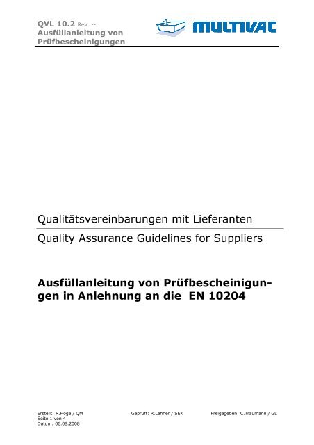 Ausfüllanleitung für Prüfbescheinigungen in Anlehnung ... - Multivac