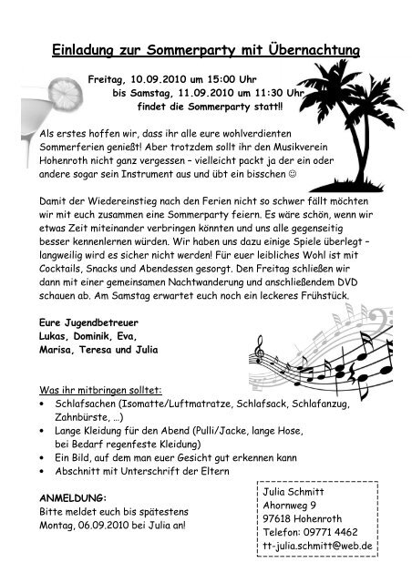 Einladung Zur Sommerparty Mit Ubernachtung Musikverein