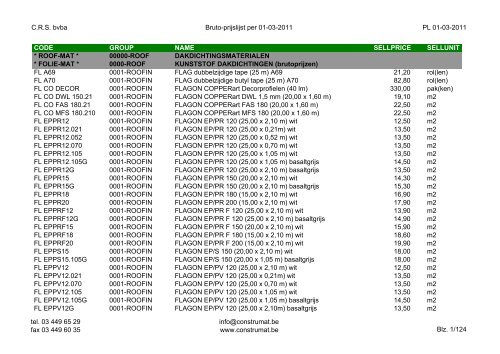 CRS bvba Bruto-prijslijst per 01-03-2011 PL 01-03 ... - Construmat