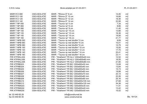 CRS bvba Bruto-prijslijst per 01-03-2011 PL 01-03 ... - Construmat