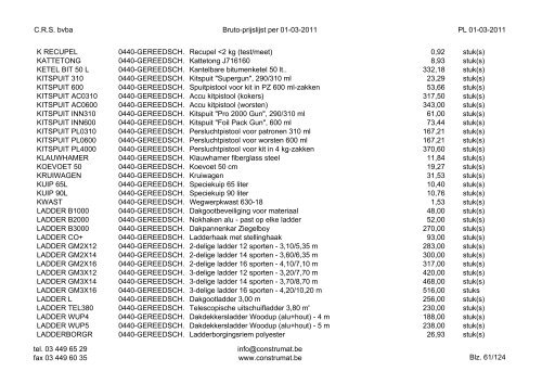 CRS bvba Bruto-prijslijst per 01-03-2011 PL 01-03 ... - Construmat