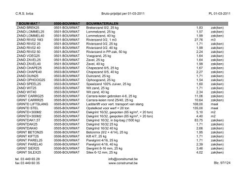 CRS bvba Bruto-prijslijst per 01-03-2011 PL 01-03 ... - Construmat