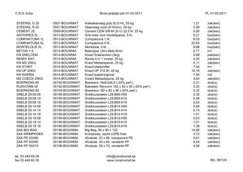CRS bvba Bruto-prijslijst per 01-03-2011 PL 01-03 ... - Construmat