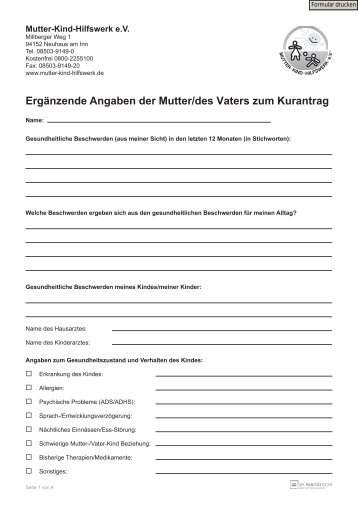 Ergänzende Angaben der Mutter/des Vaters zum Kurantrag