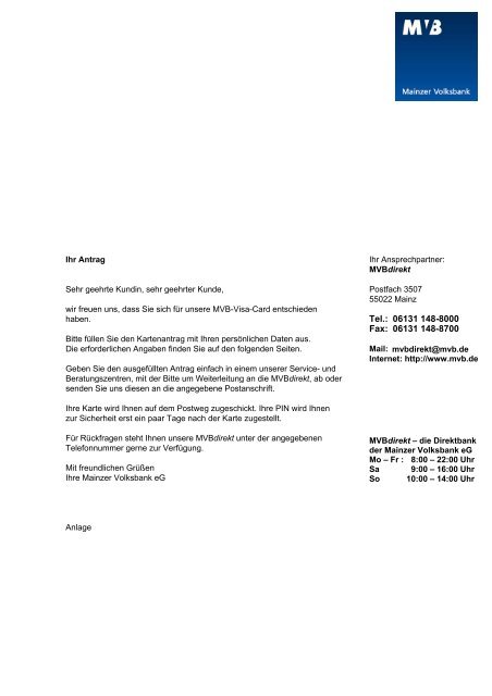 Antrag VISA-Card - Mainzer Volksbank eG