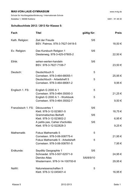 Schulbuchliste der Klasse 5 - Max-von-Laue-Gymnasium