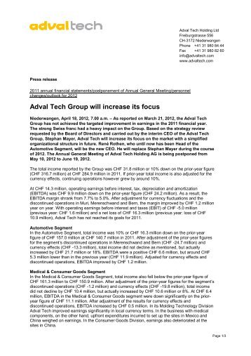 Adval Tech Group will increase its focus (pdf
