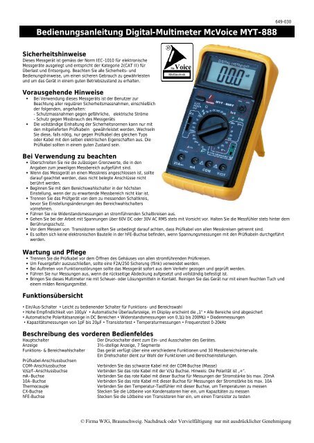 Bedienungsanleitung Digital-Multimeter McVoice MYT-888